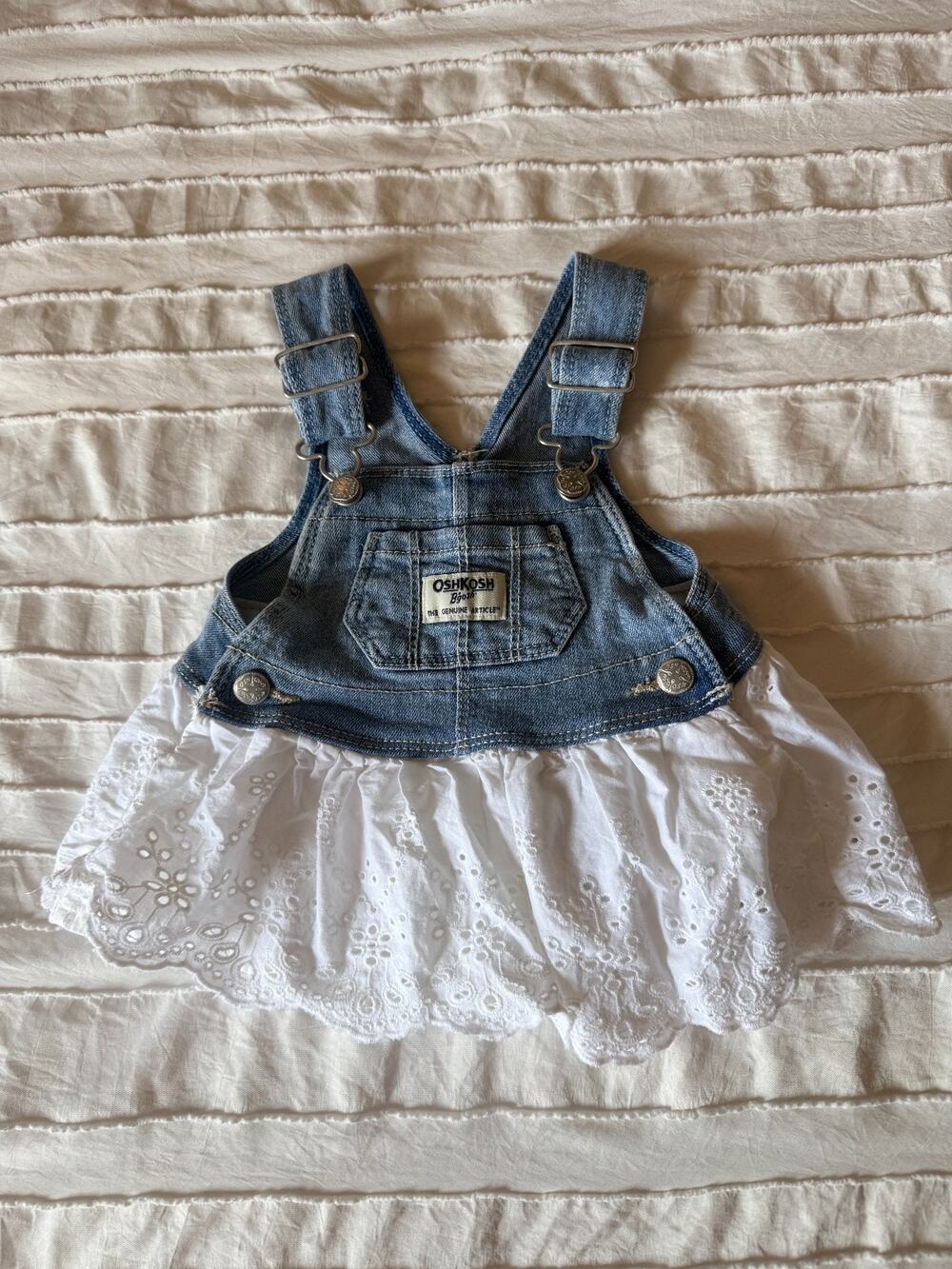 OshKosh B'gosh Baby Girl 3M Denim Overall Dress White Eyelet Jumper Sundress